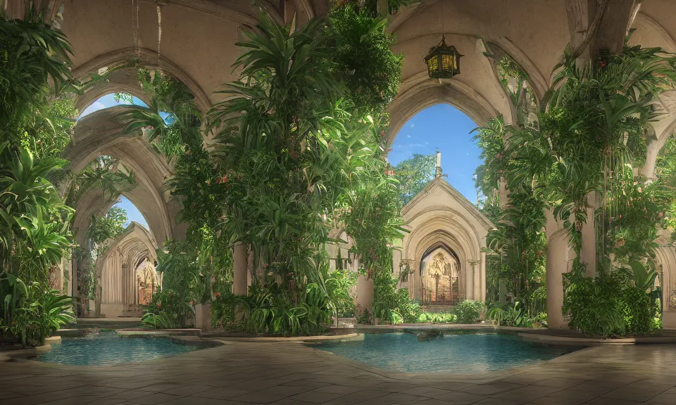 Image similar to cathedral interior with koi pond in the middle surrounded by palm trees, ivy, flowers, tropical plants, roses, and with archways. rendered in octane render with photorealistic lighting