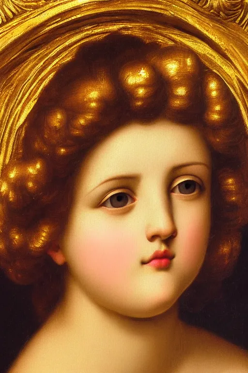 Image similar to Beautiful girl, calm face, closeup, ultra detailed, made in gold, Guido Reni style