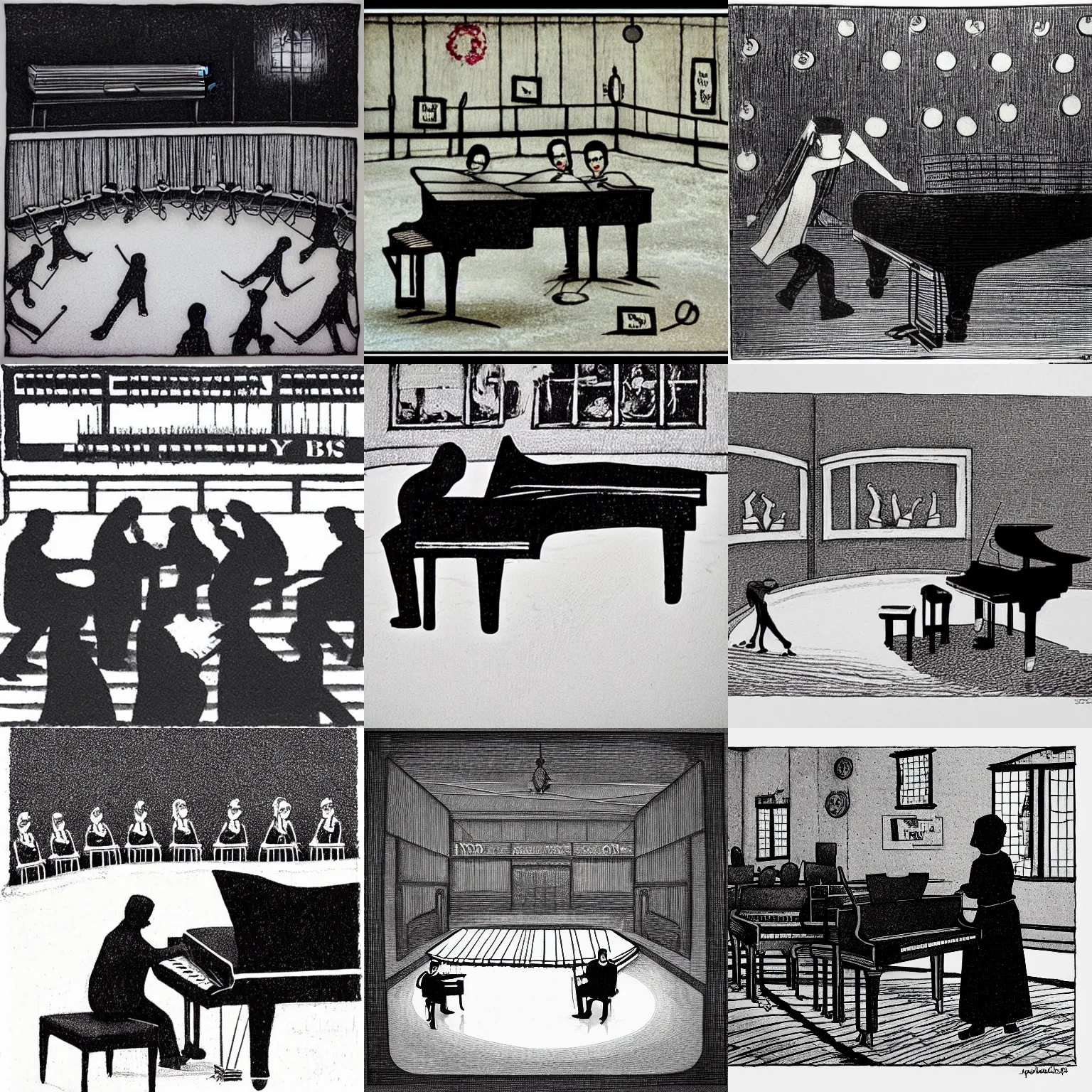 Prompt: piano rink of yobs, etching by a genius