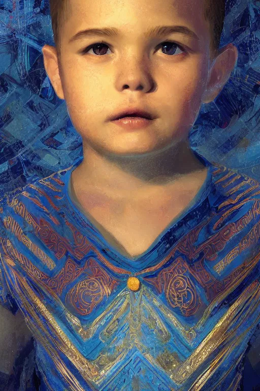 Prompt: little boy, close - up portrait, the portrait is decorated with blue and gold art deco patterns, powerfull, intricate, elegant, volumetric lighting, scenery, digital painting, highly detailed, artstation, sharp focus, illustration, concept art, ruan jia, steve mccurry