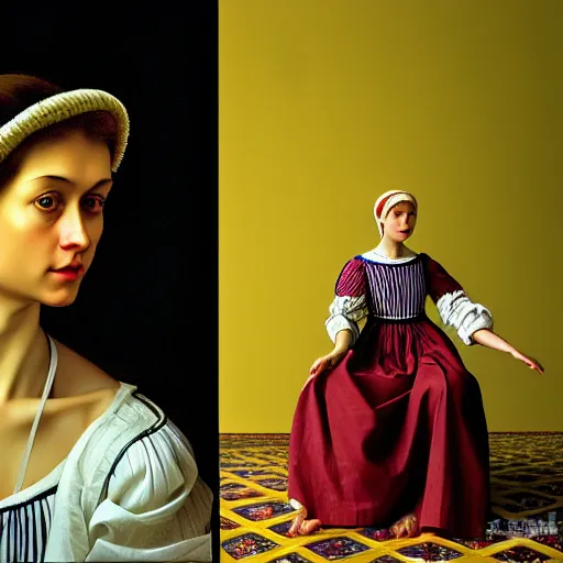 Image similar to hyperrealism photography in caravaggio style computer simulation visualisation of parallel universe sit - com scene with beautiful highly detailed ukrainian woman wearing ukrainian traditional shirt designed by taras shevchenko and woman wearing neofuturistic neural interface by josan gonzalez. hyperrealism photo on pentax 6 7, kodak portra 4 0 0 volumetric natural light - s 1 5 0