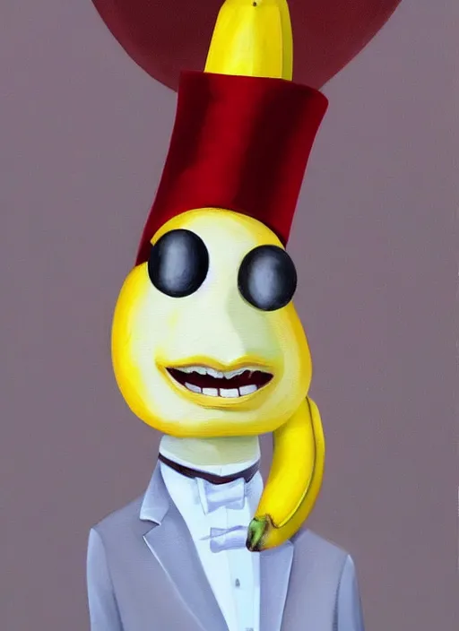 Prompt: hyper realistic painting of an anthropomorphic banana with bloodshot eyes; wearing a white shirt and white top hat; painted by Greg Rukowtski