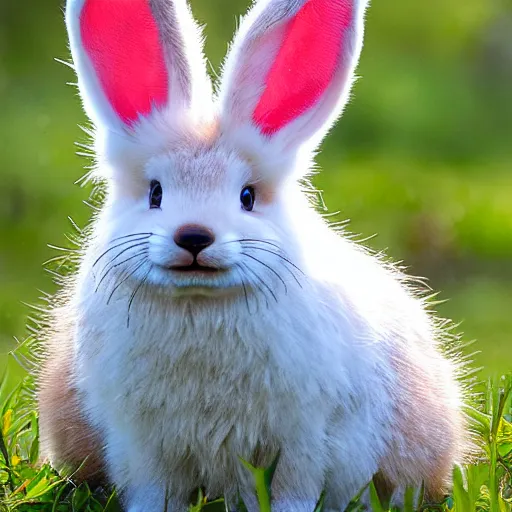 Image similar to a photorealistic adorable chubby fennic fox rabbit hybrid, wearing bows on its fuzzy ears, with a mischievous grin, happy lighting, at a tropical beach