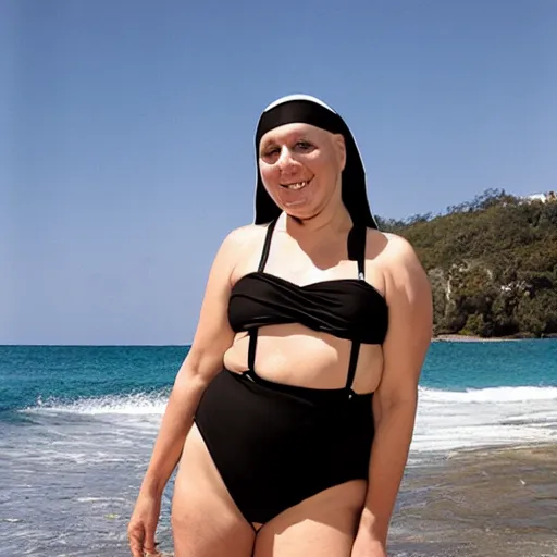 Image similar to award winning photo, nun wearing two piece bikini