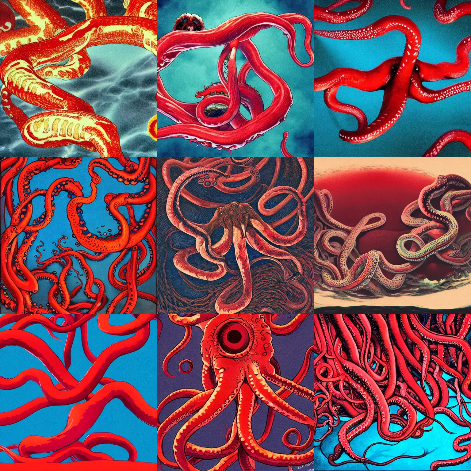 Prompt: a world like a infinite cave made of flesh and meat with tentacles joining both with eyes and mouths, red tones, reflections, fair blue color