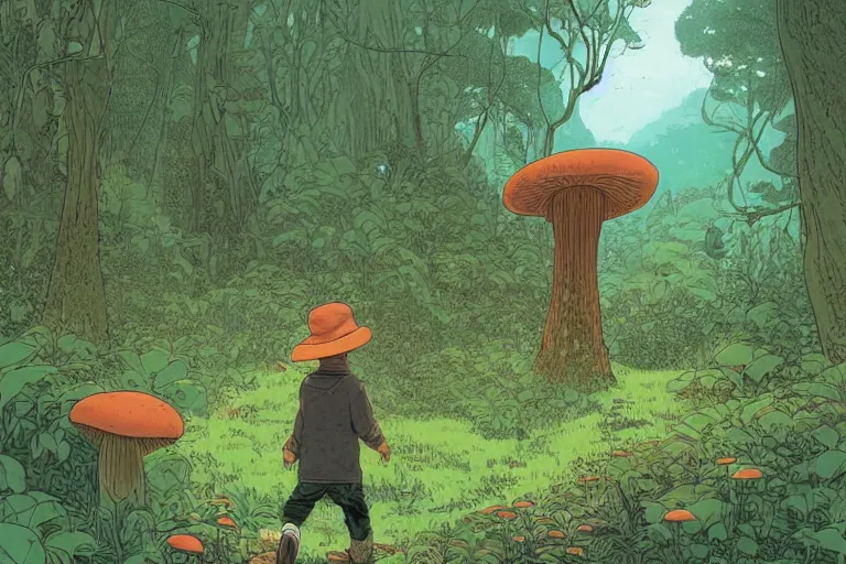 Prompt: down view of a young boy with a hat on a large open path entering a vast fantasy forest with a distant clearing, giant mushrooms, large white paradise birds and fireflies flying, exotic vegetation, large rocks with thick moss, huge suspended wooden bridge, very graphic illustration by moebius and victo ngai, color comics style, dynamic lighting, early morning mood