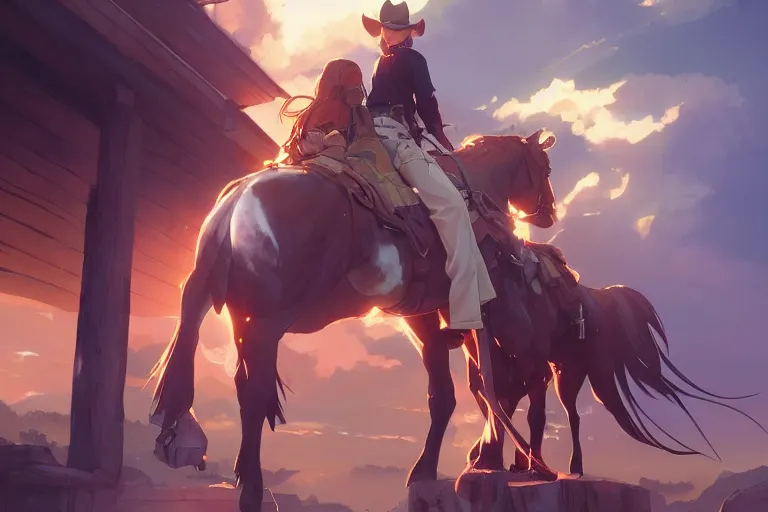 Image similar to western cowgirl, single centered subject, scenic full shot, ambient lighting, detailed face, by makoto shinkai, stanley artgerm lau, wlop, rossdraws