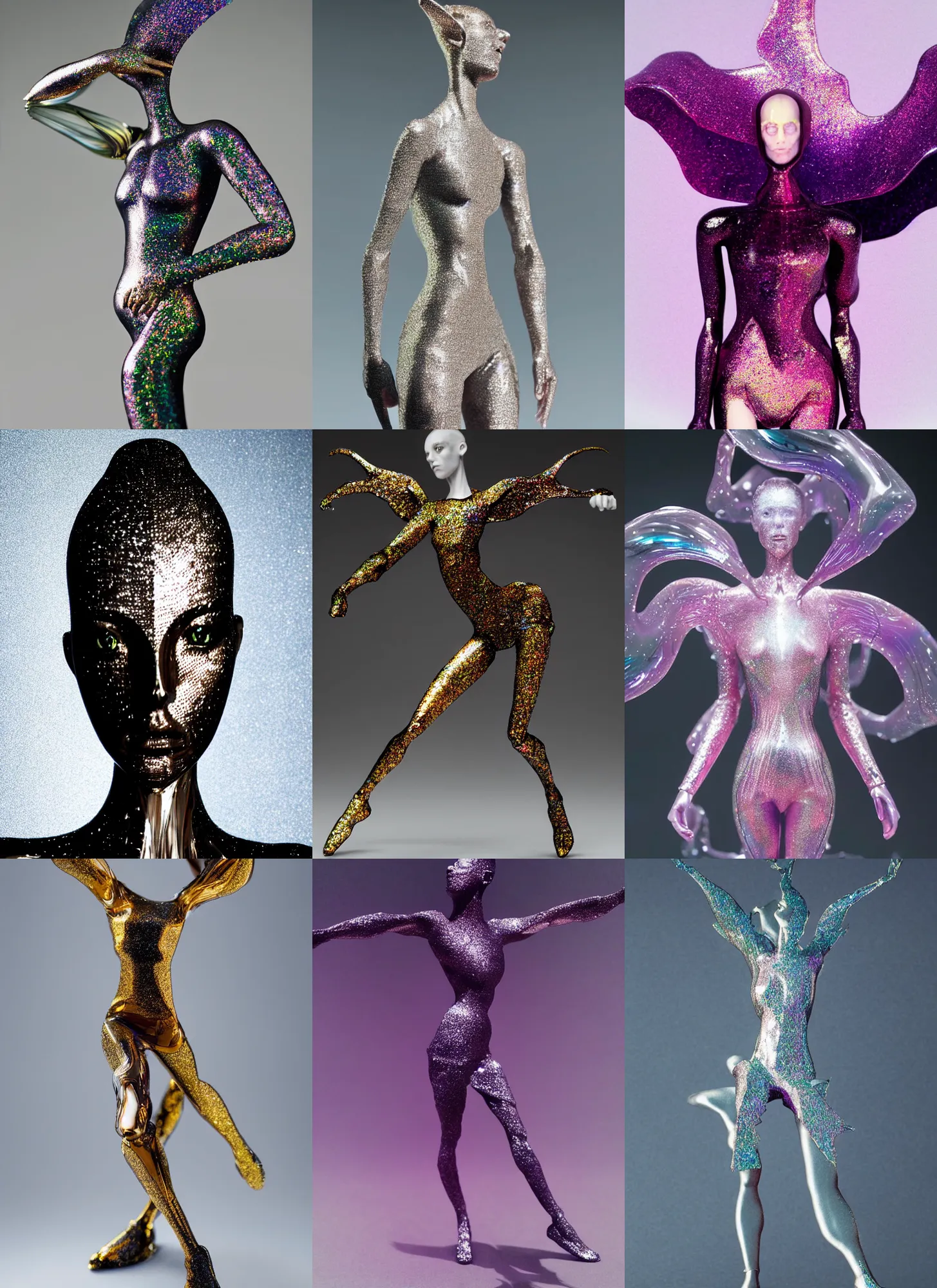 Prompt: iris van herpen isolated vinyl figure magical girl, figure photography, dynamic pose, holographic undertones, motion shapes color design, glitter accents on figure, anime stylized, sharp focus, accurate fictional human proportions, defined face, high delicate defined details, ethereal lighting