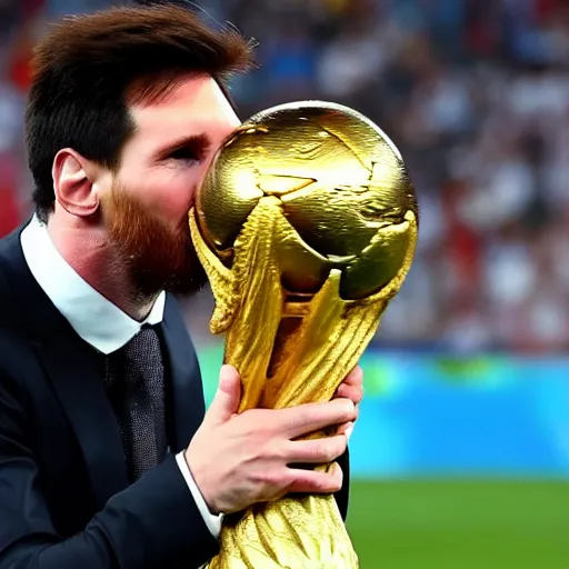 Image similar to messi kissing the soccer world cup trophy