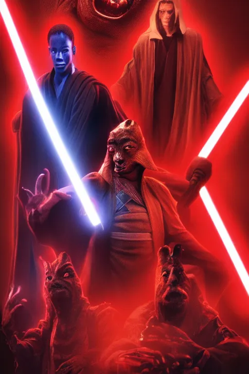 Image similar to a movie poster of jar jar binks as a sith lord, 8 k