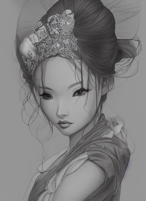 Image similar to a detailed hand drawn sketch of a stunning geisha princess, muted colors, artgerm, NeoArtCorE, artstation