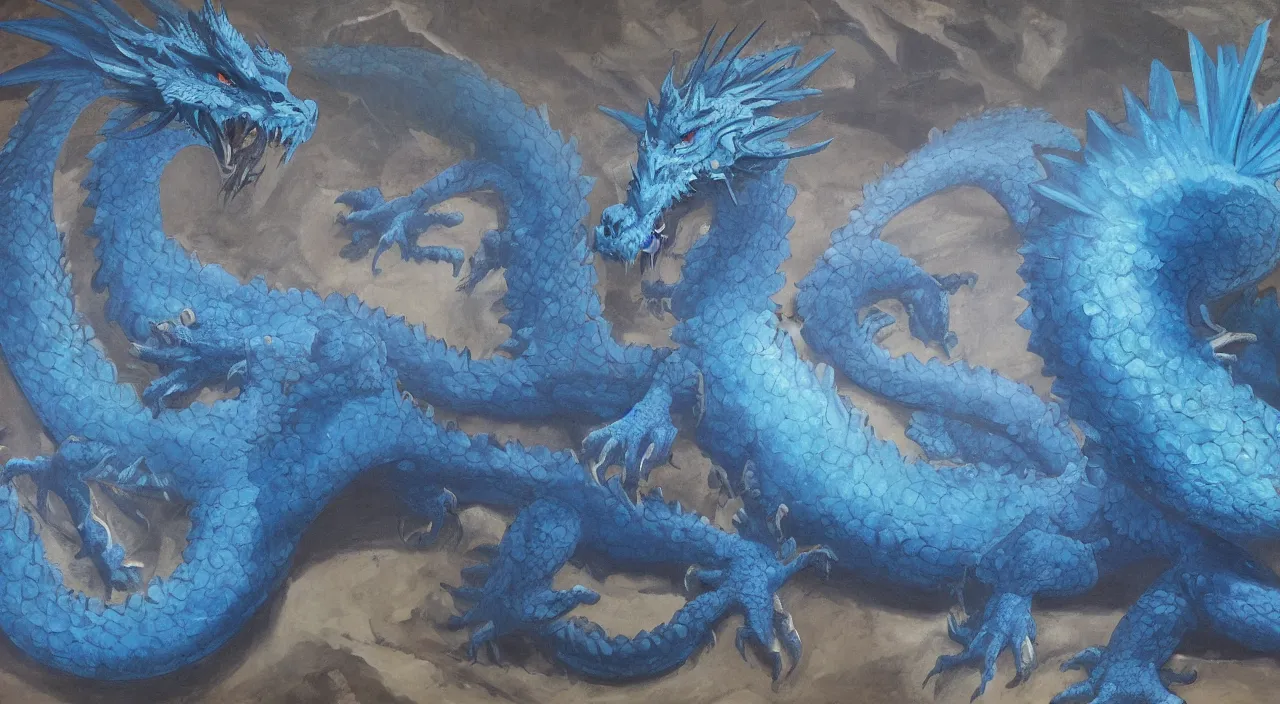 Prompt: Oil painting of an azure-coloured dragon in the castle