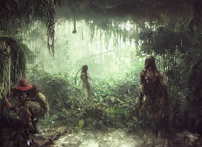 Image similar to interior shot of a lush jungle with two steam punk explorers navigating the harsh terrain, masterpiece, painterly, art by artem demura, emotion,