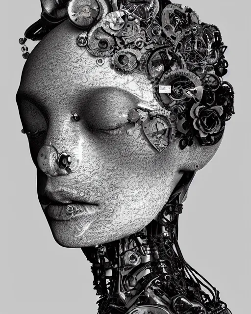Image similar to black and white dreamy foggy smoky profile face portrait, one silver steampunk eye biomechanical beautiful young female cyclope - cyborg - robot bust, body ribs meshes,, volumetric light, hibiscus flowers, by hg giger, rim light, by dora maar and cecile beaton, big gothic fashion pearl embroidered collar, 8 k