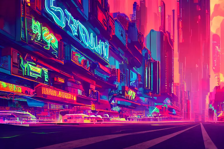 Image similar to a dreamlike cyberpunk city sit in the very far future, neon signs, shops and bars, floating buildings, glowing neons, synthwave, slightly abstract, rich deep colors, 4 k, realistic photography, flying cars in the distance, robot humanoids, anthropomorphic vehicles, fantasy setting, brilliant dreamy lighting, 8 0 s vibe, morning, blue sun