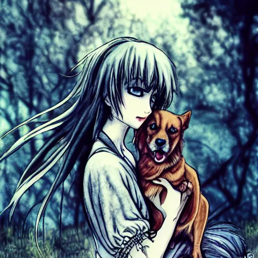 Image similar to photo of a dog anime-style girl in the style of Arthur Rackham realistic wide focus 8k ultra insanely detailed intricate elegant art