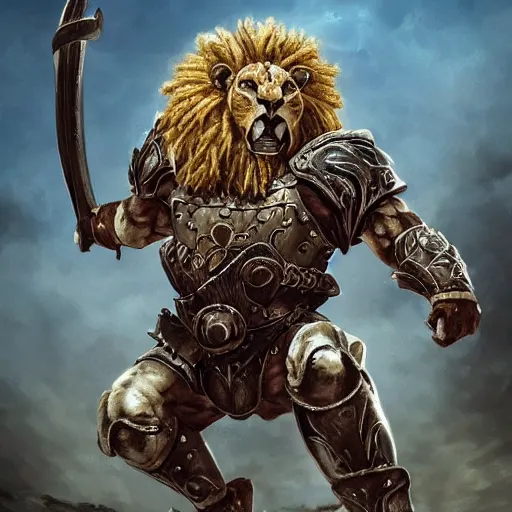 Prompt: a muscular lion wearing battle armor, holding a sword, standing on a bloody battlefield, full body, epic, fantasy, highly detail, art