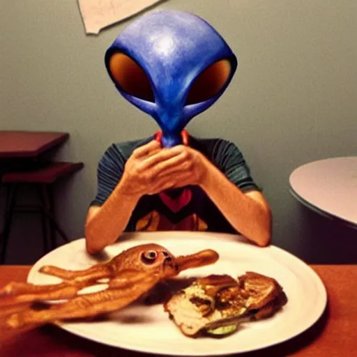 Prompt: photo, an alien and human eating dinner in the room.