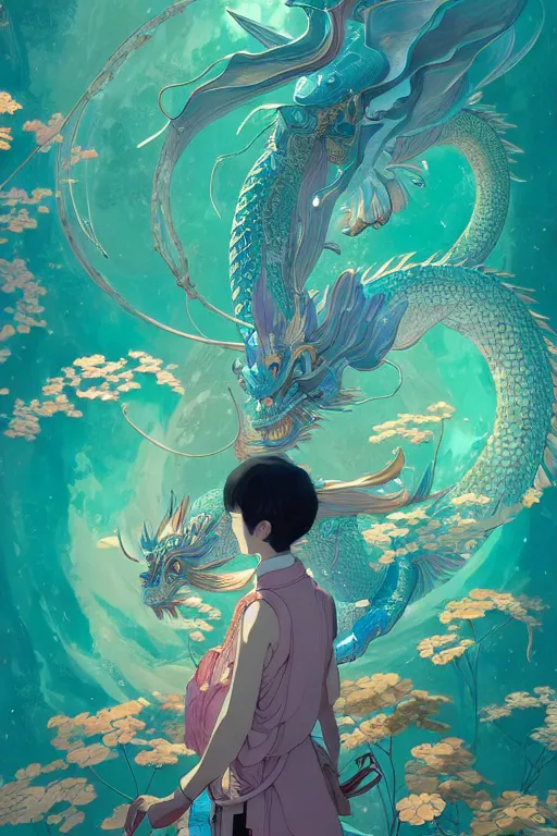 Prompt: a beautiful hyperdetailed character design 4 k wallpaper illustration of cyan dragon victo ngai, from china, style of studio ghibli, makoto shinkai, raphael lacoste, louis comfort tiffany, denoise, deblurring, artgerm, xision, james jean, ross tran, chinese style