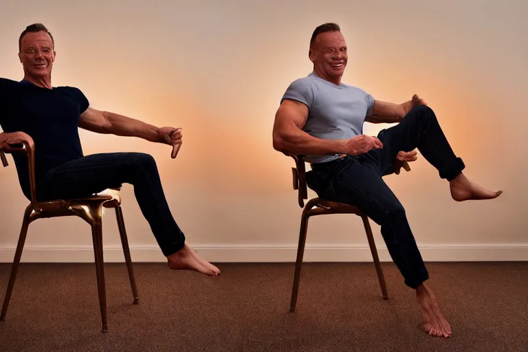 Image similar to hyperrealistic Jean Claude Vandamme legs spread apart balancing on two chairs, golden hour, smiling, award winning