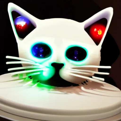 Prompt: a cybertronic cat made entirely of jello, glowing eyes