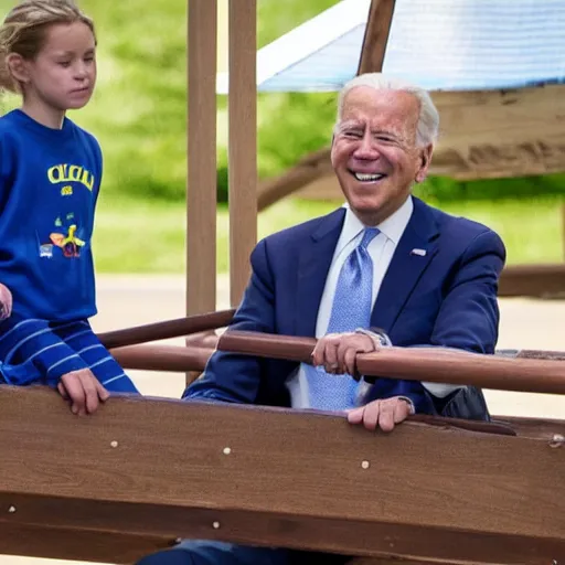 Prompt: Joe Biden rides a swing set while disappointed children watch him