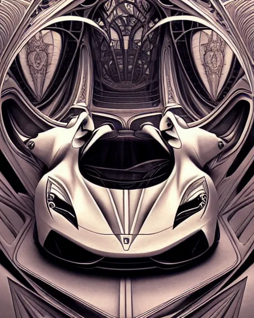 Prompt: Art nouveau Ferarri car, fantasy, intricate zigzag designs, elegant, highly detailed, sharp focus, art by Artgerm and Greg Rutkowski and WLOP