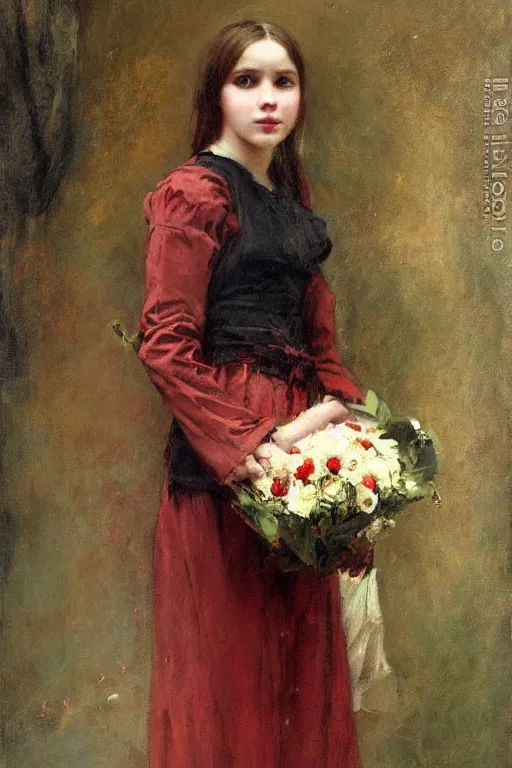 Image similar to Solomon Joseph Solomon and Richard Schmid and Jeremy Lipking victorian genre painting full length portrait painting of a young girl holding a bouquet, red background