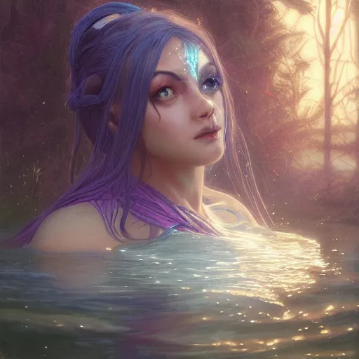 Image similar to a realistic night elf goddess emerging from a Lake at midnight, highly detailed, digital painting, Trending on artstation , HD quality, by artgerm and greg rutkowski and alphonse mucha, dramatic light, octane