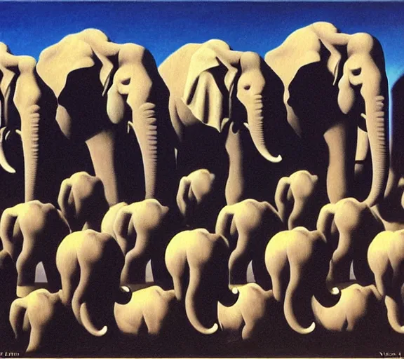 Prompt: infinite elephants as metaphor for containing multitudes by rene magritte, horror oil on canvas