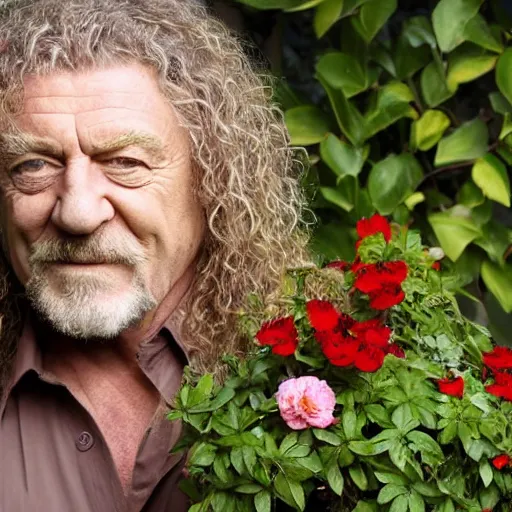 Prompt: robert plant with vines and flower pedals for hair in a large potting container 4 k