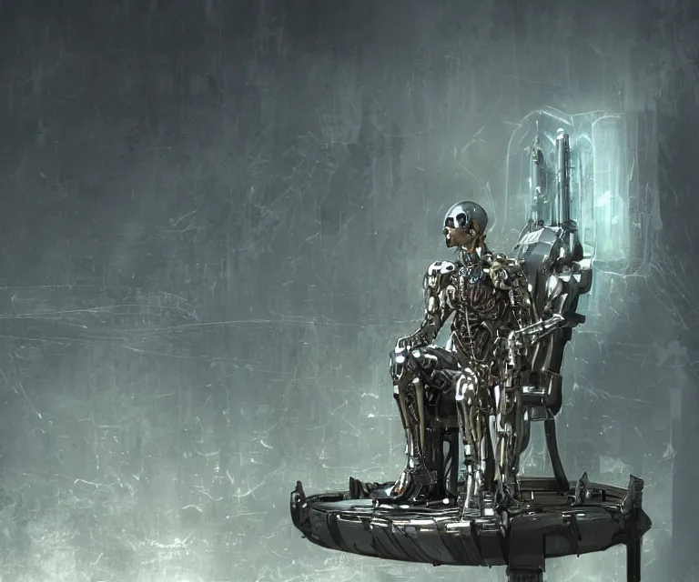 Image similar to translucent cyborg sitting on a metal throne, futuristic castle background, fantasy sci - fi, sharp lines, metallic, 2 0 0 mm