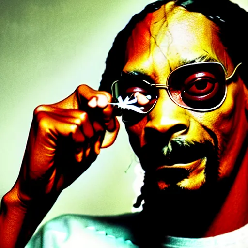 Image similar to Snoop Dog with big eyes eye color red , smiling and holding a joint in his hand