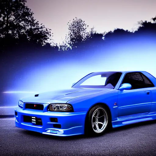 Image similar to electric blue R34 skyline, photography, 4k, volumetric lighting