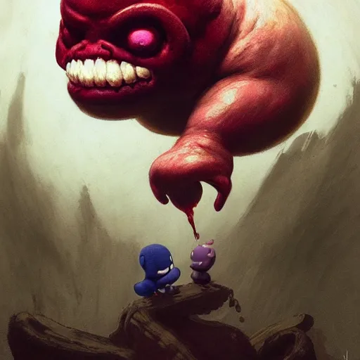 Image similar to kirby binding of isaac, holding meatloaf, hyper realistic, sloppy, gross, meatloaf, hyper realistic, terrifying, disturbing, strange, bizarre, masterpiece, 4 k, vivid colors, elegant, john park, frazetta, john howe, ruan jia, jeffrey catherine jones