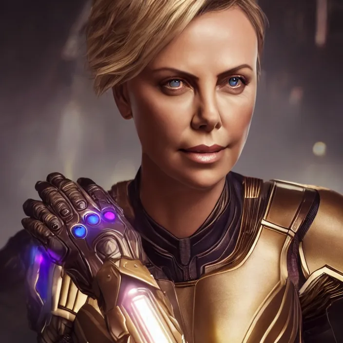 Prompt: portrait of (Charlize Theron), wearing The Infinity Gauntlet. intricate artwork. avengers, octane render, trending on artstation, very coherent symmetrical artwork. avengers. thanos. cinematic, hyper realism, high detail, octane render, 8k, iridescent accents