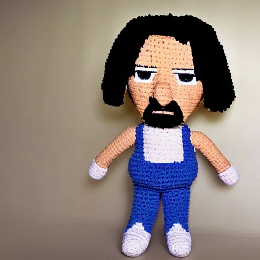 Prompt: Keanu Reeves as a crochet plushie