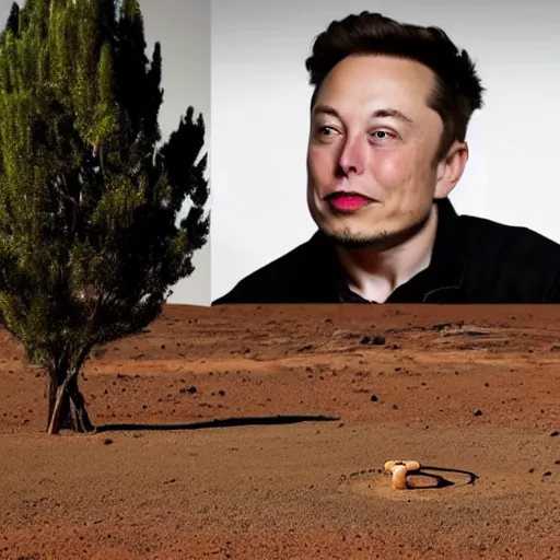 Image similar to elon musk smoking weed while sitting under a tree on mars