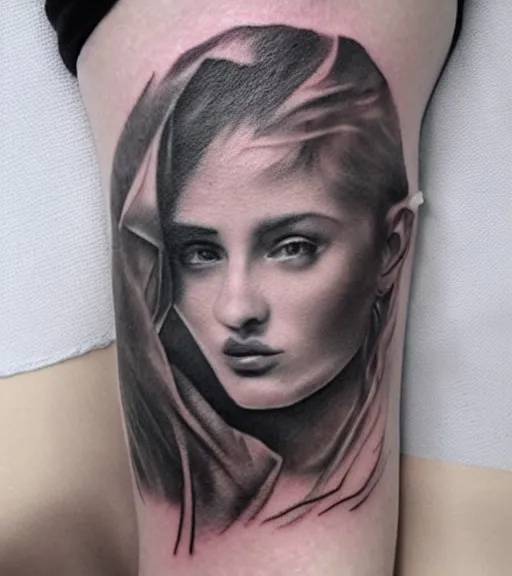 Prompt: tattoo design sketch of the most beautiful woman portrait faded to a background of beautiful mountains on her side, hyper - realistic, double exposure effect, in the style of den yakovlev, amazing detail, black and white, faded
