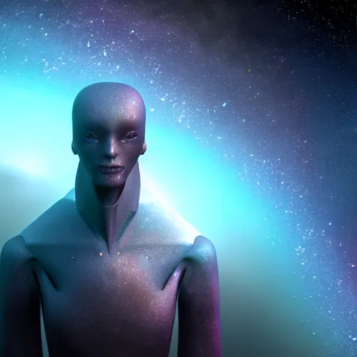 Image similar to a humanoid creature that looks like the galaxy, realistic, detailed, 4 k