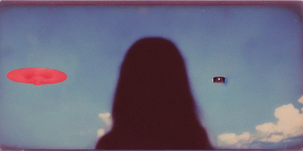 Image similar to vintage polaroid of a beautiful woman spotting a ufo in the sky, seen from behind, detailed clouds, warm azure tones, red color bleed, film grain