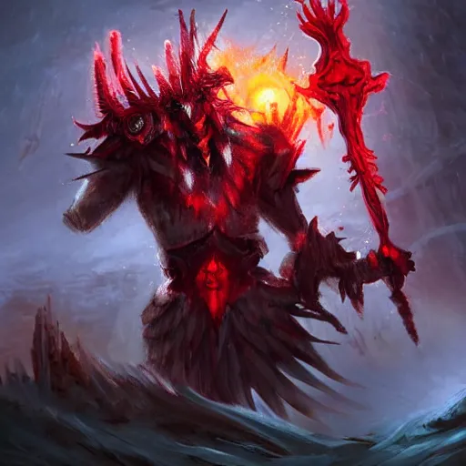 Prompt: ((((rock elemental spirit)))), red theme, bloody battlefield, weapons and armors, Dota 2 hero, hearthstone art style, epic fantasy style art, fantasy epic digital art, epic fantasy card game art