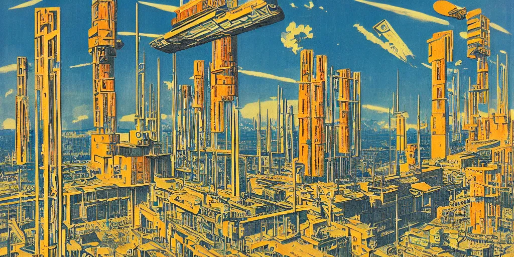 Image similar to huge brutalistic soviet space station by le corbusier, by joe penton, virgil finlay