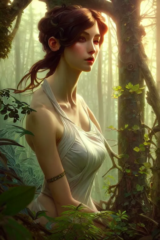 Image similar to beautiful digital painting of a stylish female forest with high detail, 8 k, stunning detail, works by artgerm, greg rutkowski and alphonse mucha, unreal engine 5, 4 k uhd