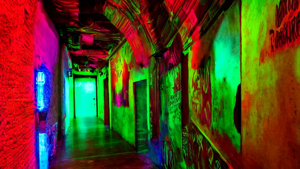 Prompt: detailed photograph of a extremely narrow nightclub hallway, neon colors, aztec architecture