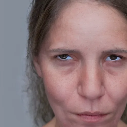 Image similar to Frontal portrait of a woman without distinct pupils: her eyes are entirely white.