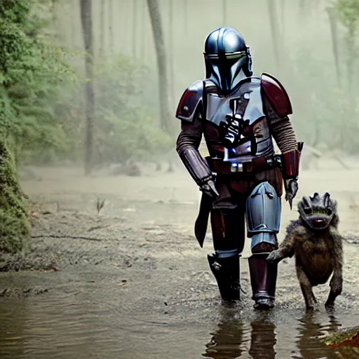 Image similar to mandalorian carrying grogu through swamp, stunning cinematography, light diffusion