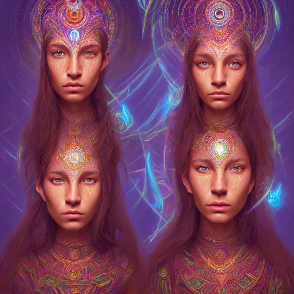 Image similar to portrait of a future metaverse ayahuasca tech shaman warrior, 2 d cartoon, visionary art, symmetric, magick symbols, holy halo, shipibo patterns, sci - fi, concept art, trending on art station, 8 k digital art, by mandy jurgens, fantasy portrait art, anime