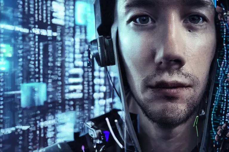 Image similar to cyberpunk hacker closeup portrait in high tech compound by Emmanuel Lubezki