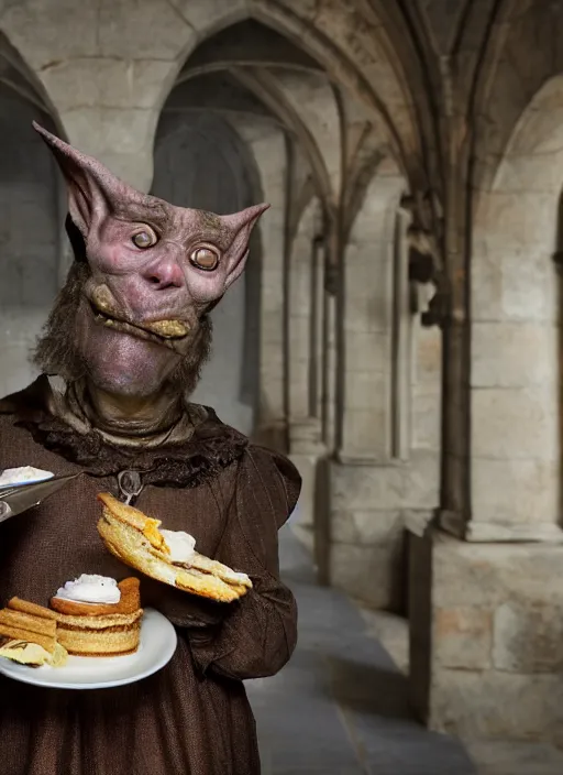 Image similar to closeup portrait of a medieval goblin eating cakes in the cloisters, depth of field, zeiss lens, detailed, symmetrical, centered, fashion photoshoot, by Annie Leibovitz and Steve McCurry, David Lazar, Jimmy Nelsson, Breathtaking, 8k resolution, extremely detailed, beautiful, establishing shot, artistic, hyperrealistic, beautiful face, octane render